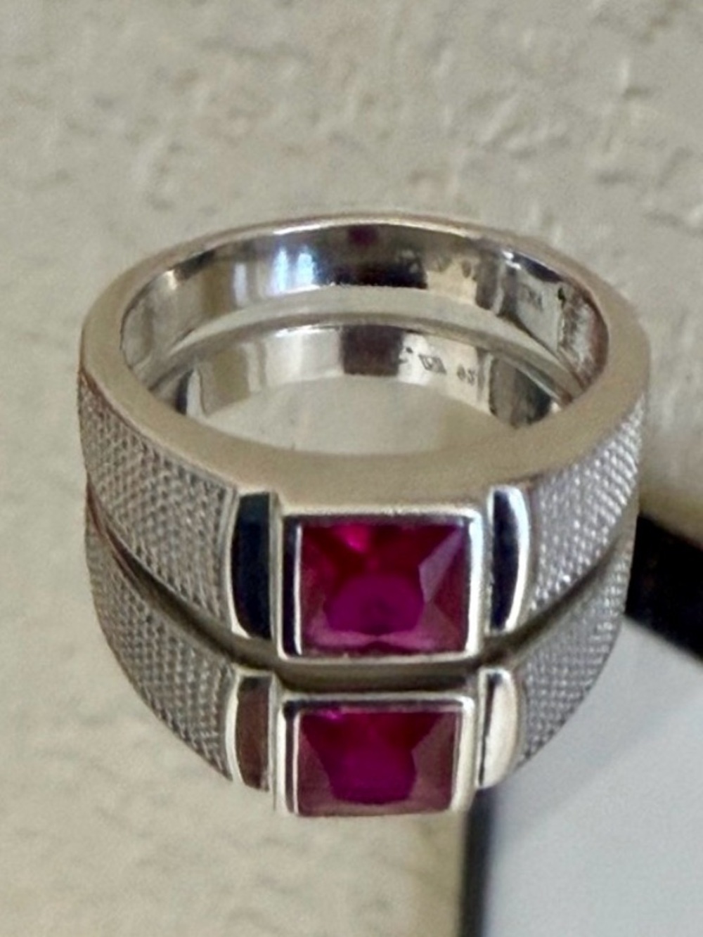 925 Sterling Silver Signet-Style Ring Square Architectural Design Ruby Red 10